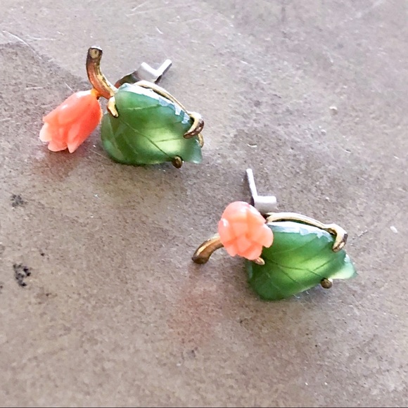 Carved Jade and Coral Stud Earrings - Picture 9 of 9